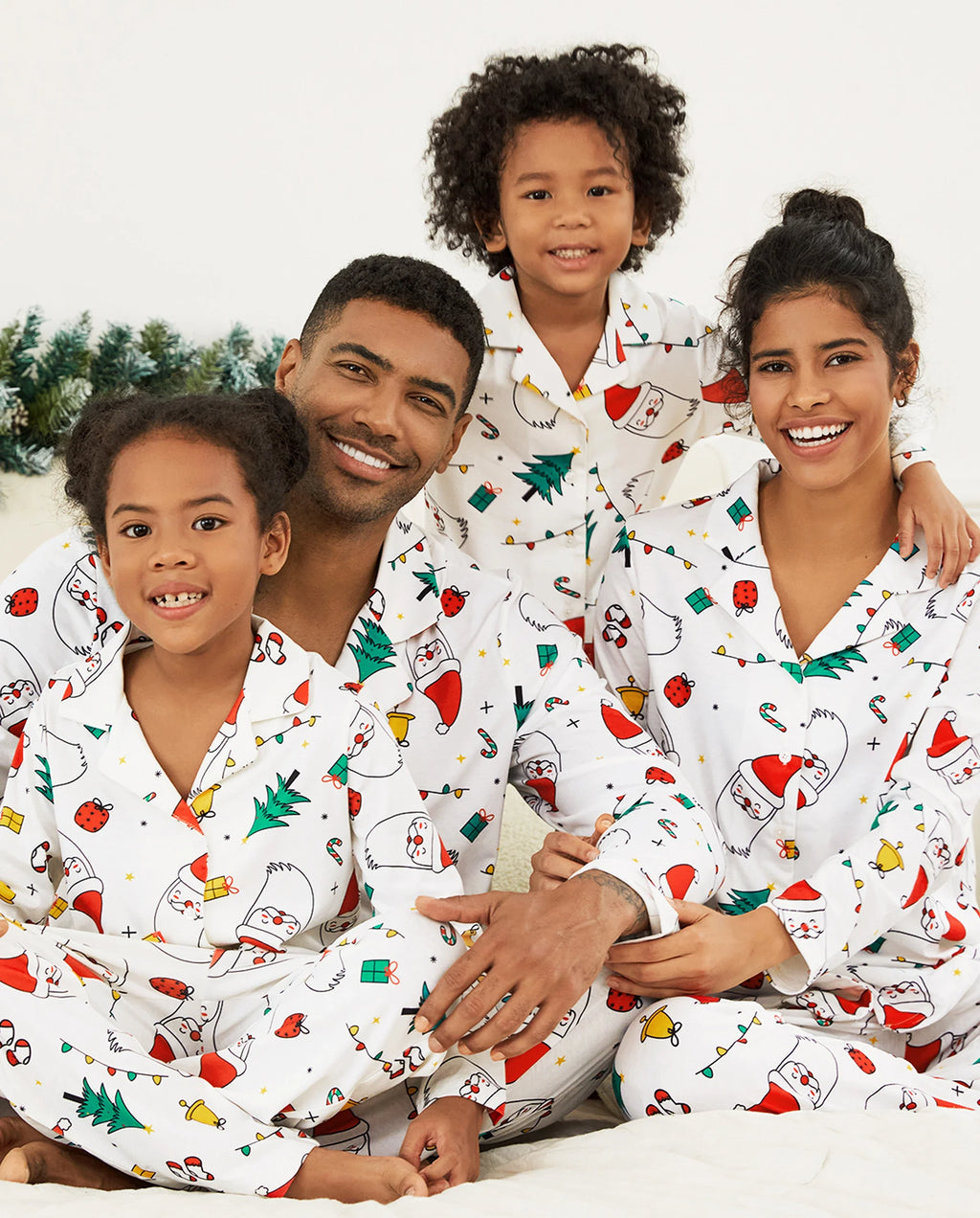Christmas Family Matching Colorful Festival Theme Print Long Sleeve Pajamas Sets with Christmas Socks White
