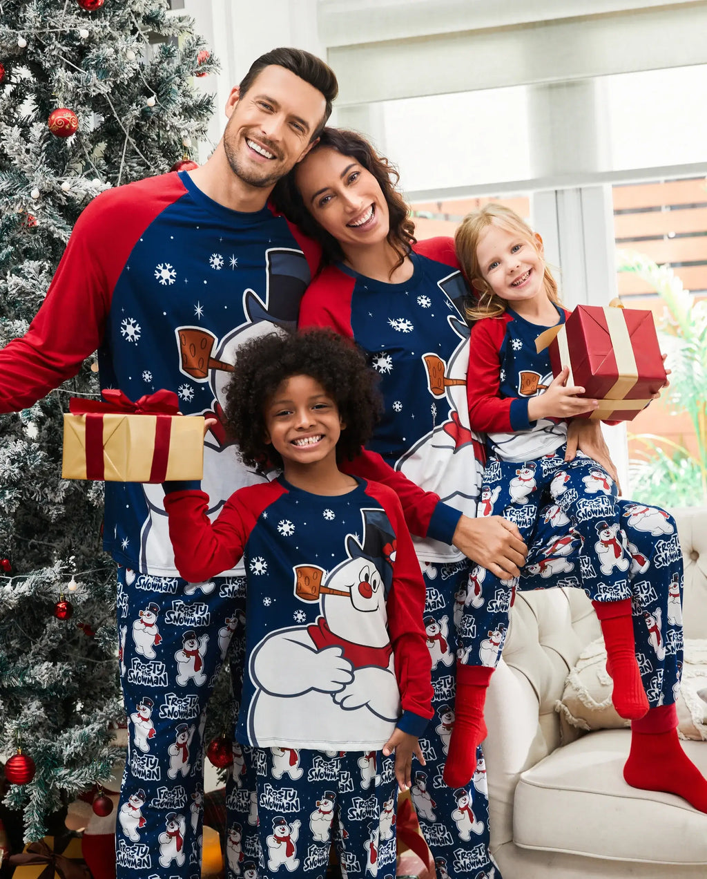 Frosty The Snowman Christmas Family Matching Color-block Pajamas Sets with Christmas Socks