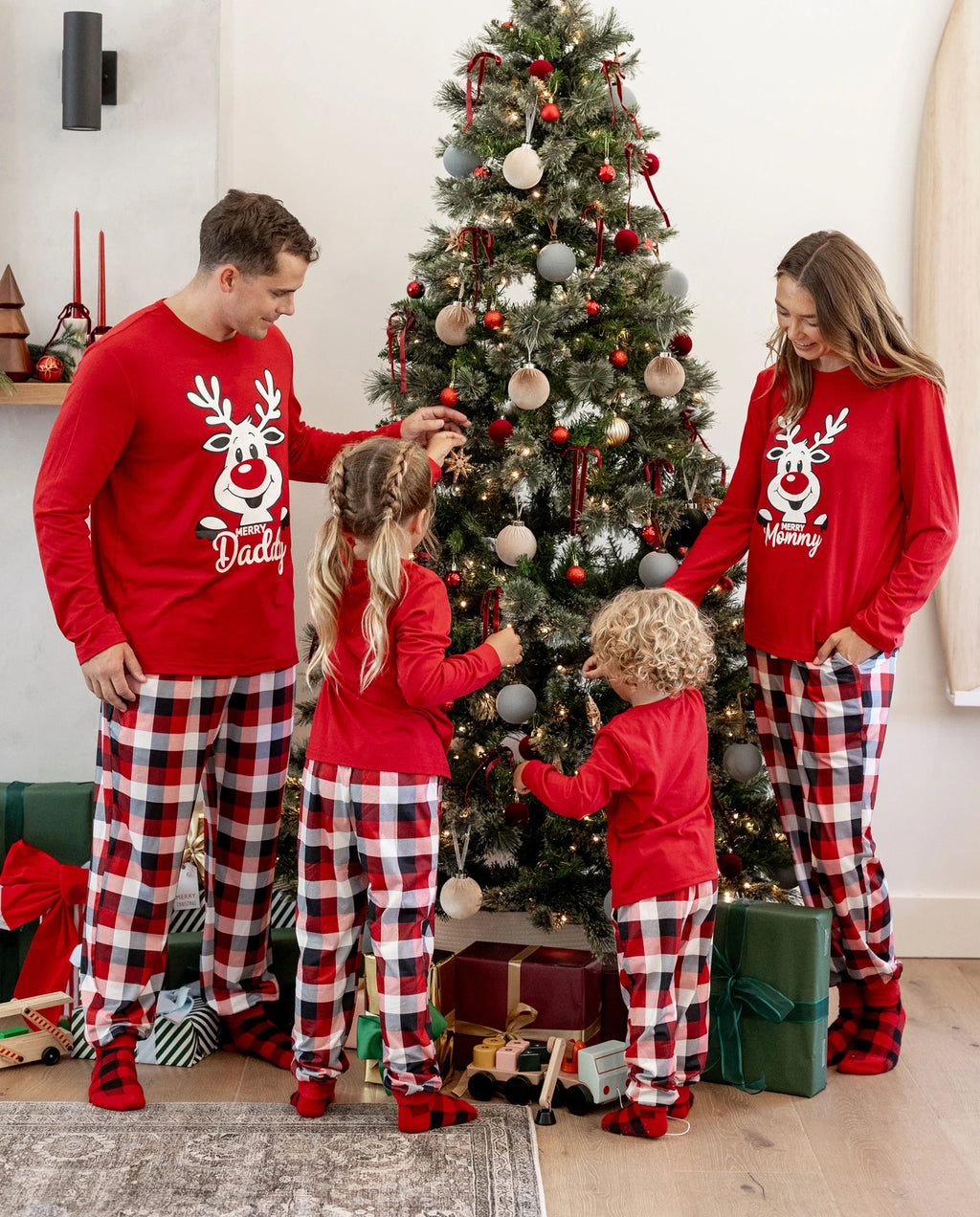 Christmas Matching Family Pajamas Set Glow In The Dark Reindeer Print PJS with Christmas Socks Red