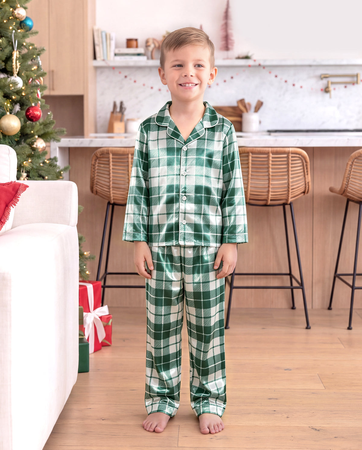 Family Matching Christmas Pajamas Bow & Plaid Print Satin Multicolor