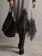 Gray Shimmer Knit Lace Hem Midi Dress