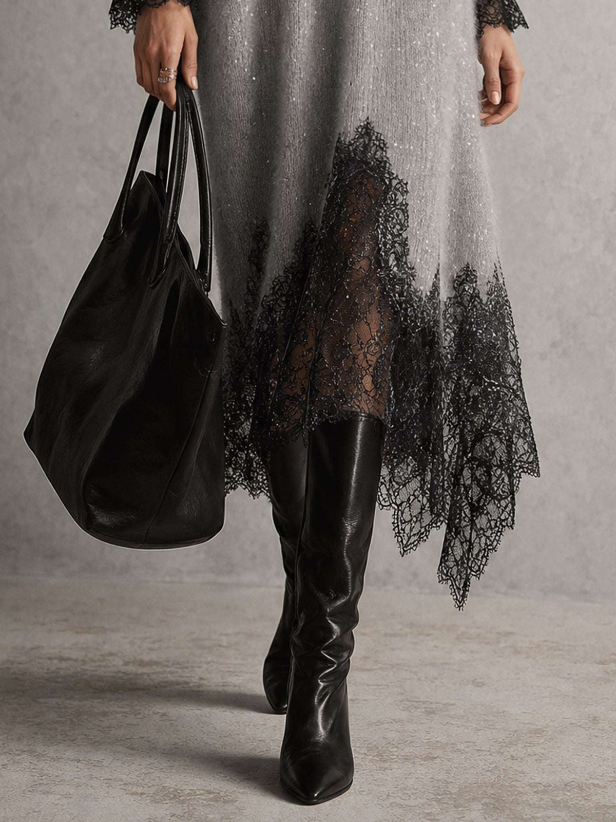 Gray Shimmer Knit Lace Hem Midi Dress