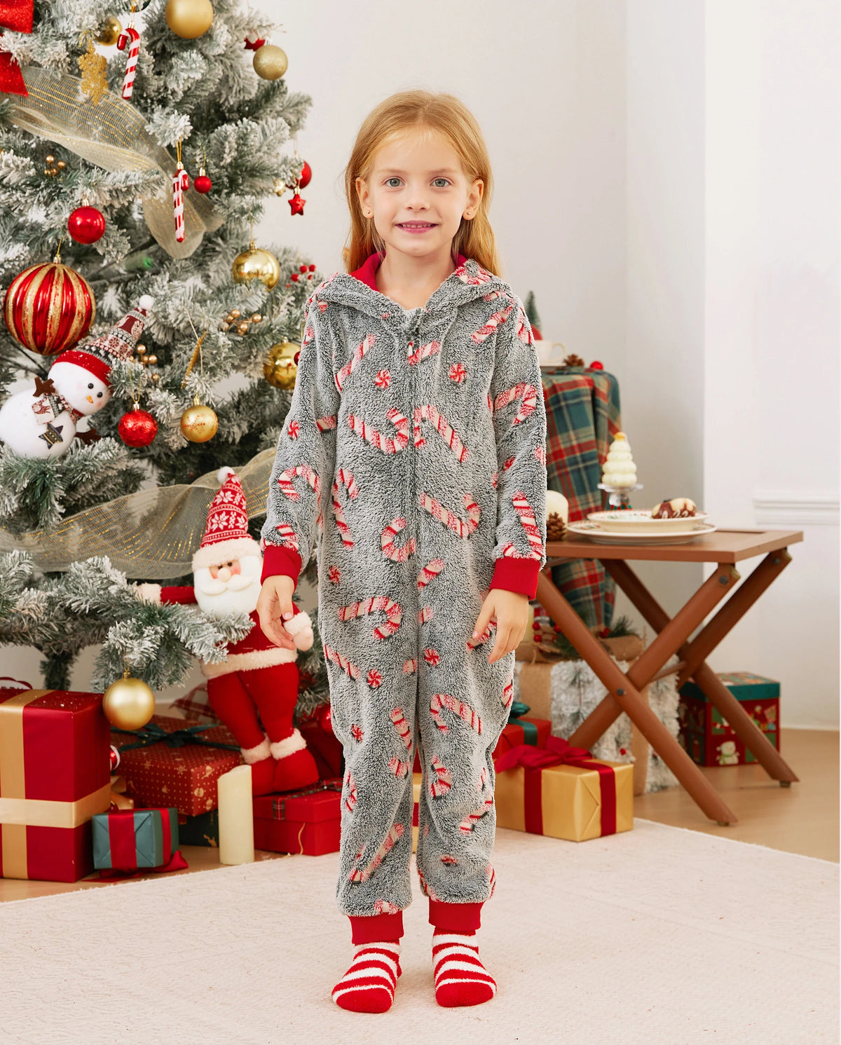 Onesies Pajamas Matching Christmas Outfits Candy Cane Pattern (Glow in the Dark) with Christmas Socks Black