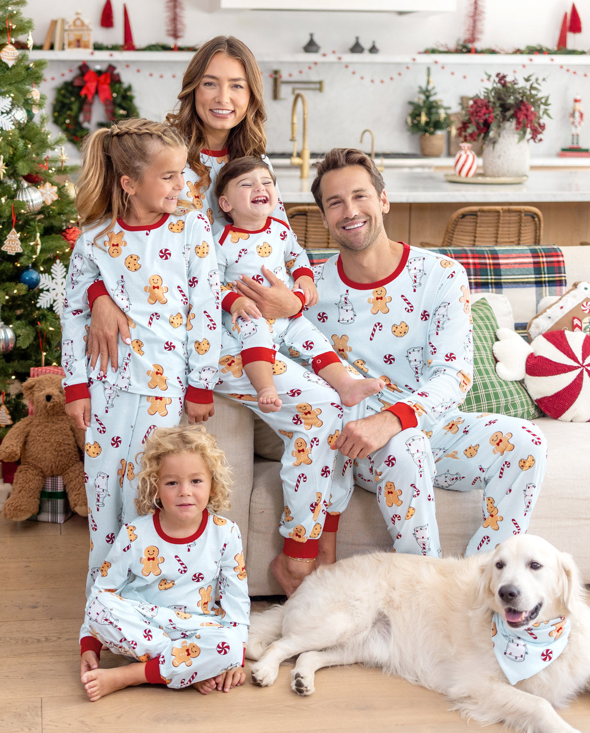 Family Matching Christmas Pajamas Gingerbread & Milk Print Blue