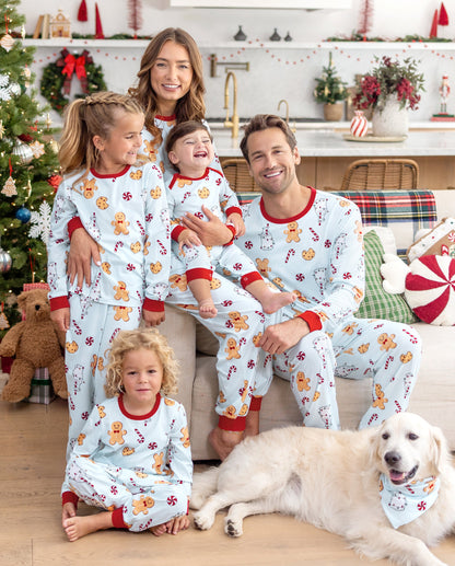 Family Matching Christmas Pajamas Gingerbread & Milk Print Blue