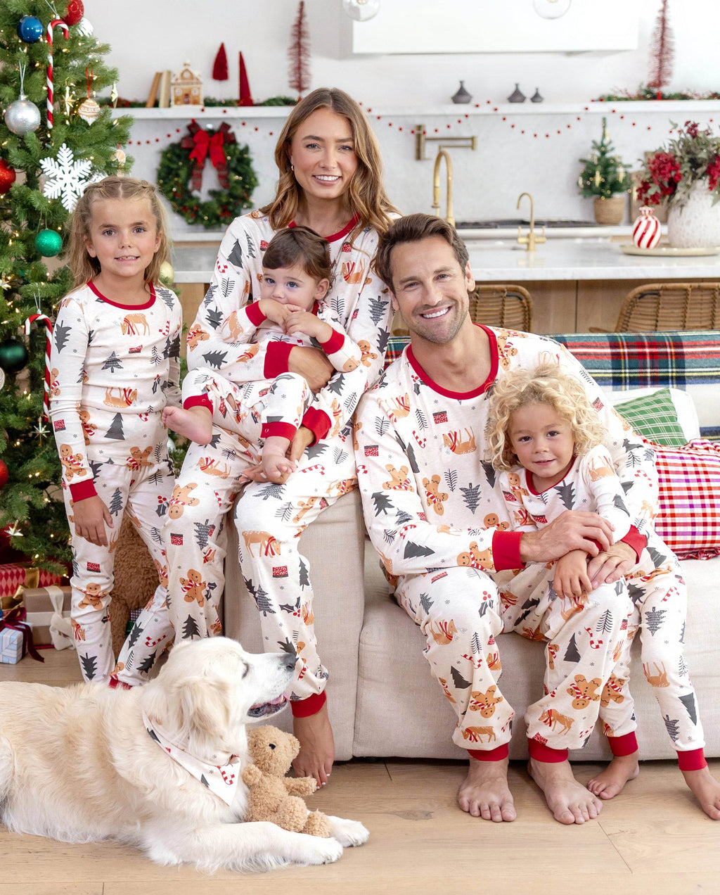 Family Matching Christmas Pajamas Christmas Tree & Gingerbread Print Cotton Cream