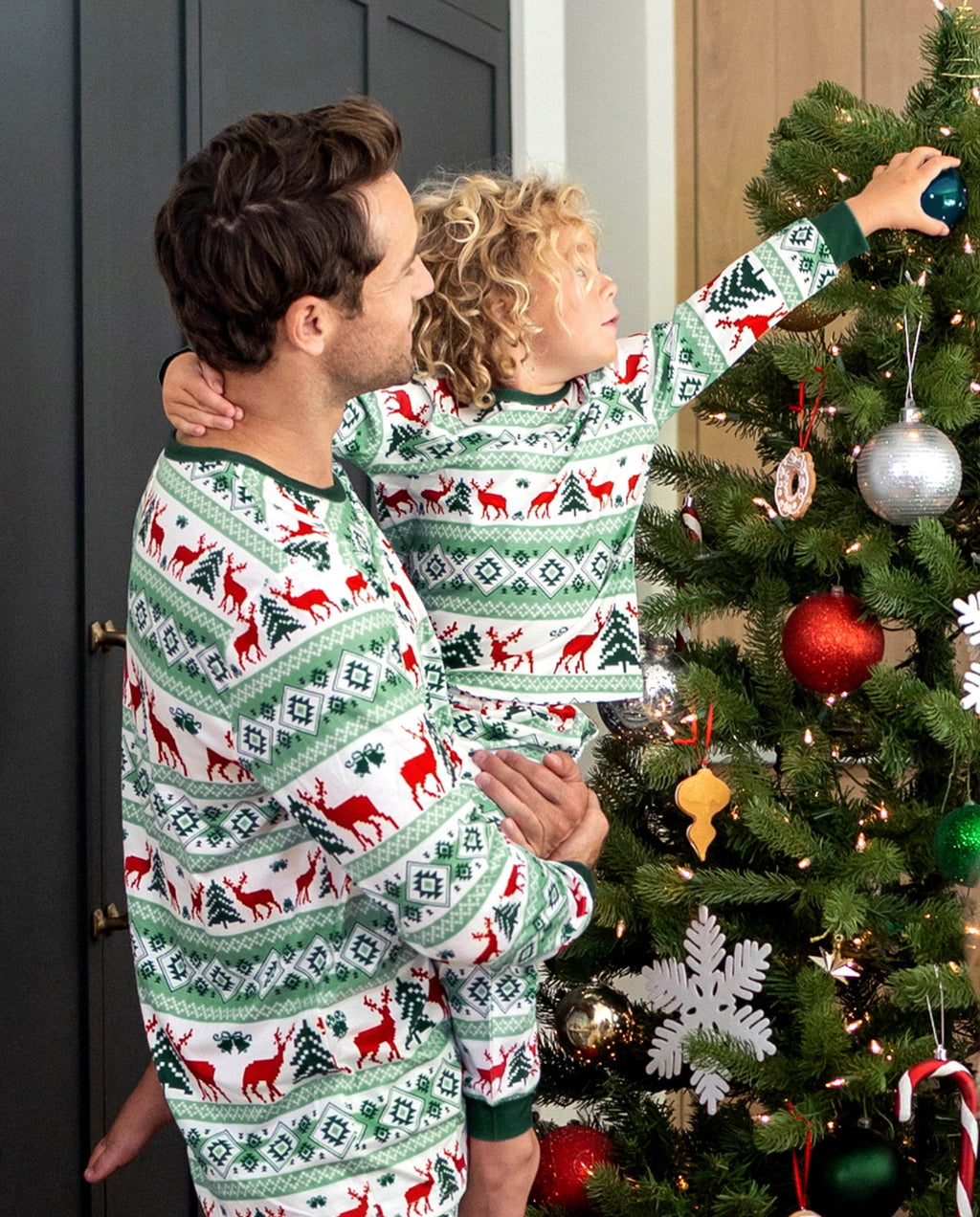 Matching Family Christmas Pajamas Fair Isle & Reindeer Print Green