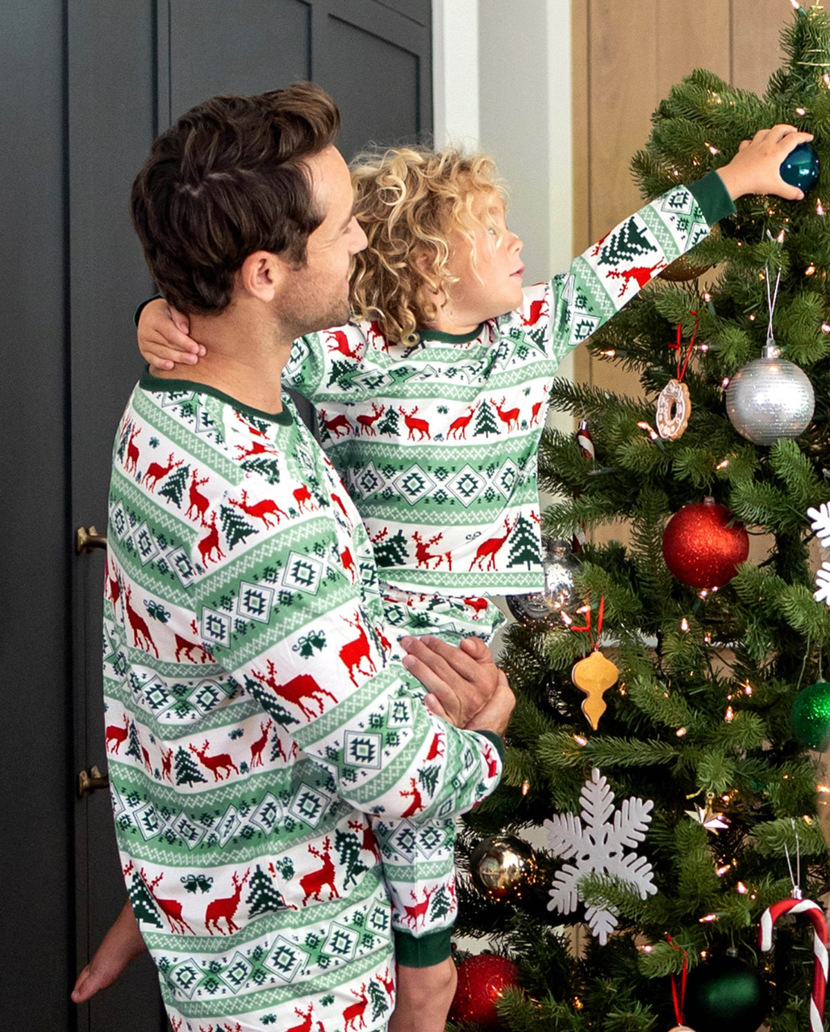 Matching Family Christmas Pajamas Fair Isle & Reindeer Print Green