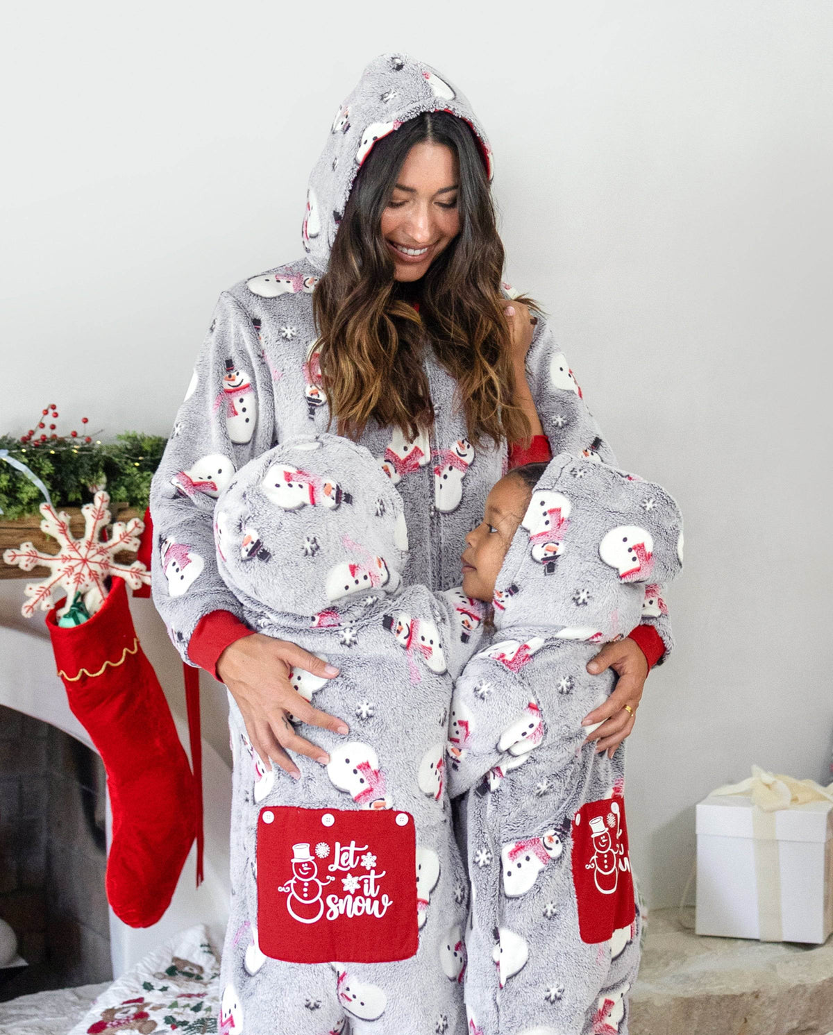 Family Matching Christmas Pajamas Snowman Print Coral Fleece Gray Christmas Onesie