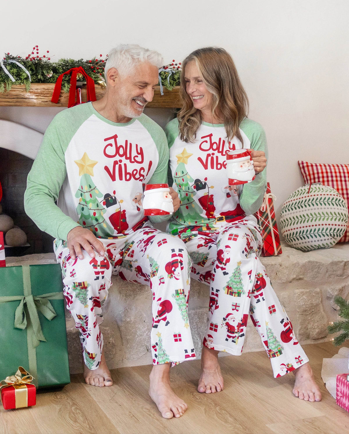 Matching Family Christmas Pajamas Santa & Christmas Tree Print Green