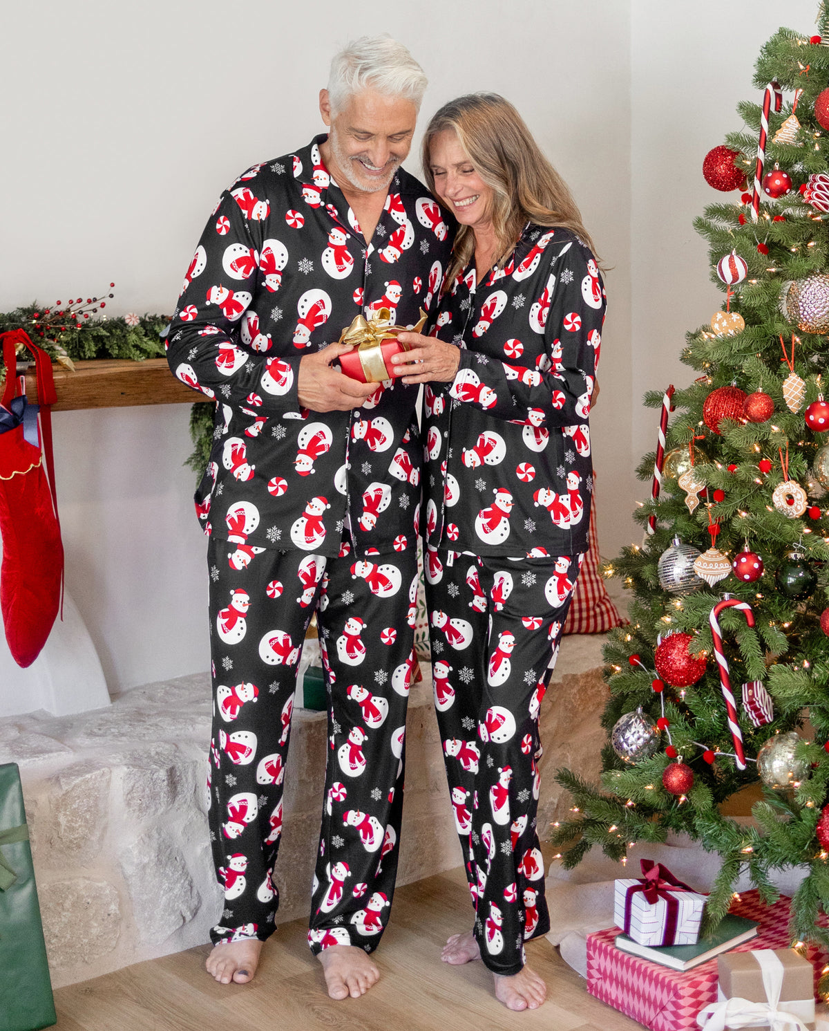 Matching Family Christmas Pajamas Snowman Print Black