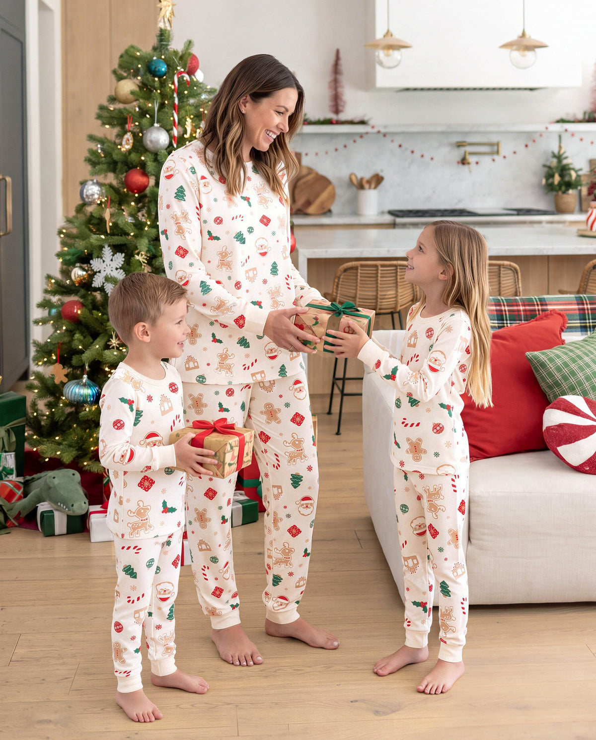 Matching Family Christmas Pajamas Gingerbread & Christmas Tree Print Cotton