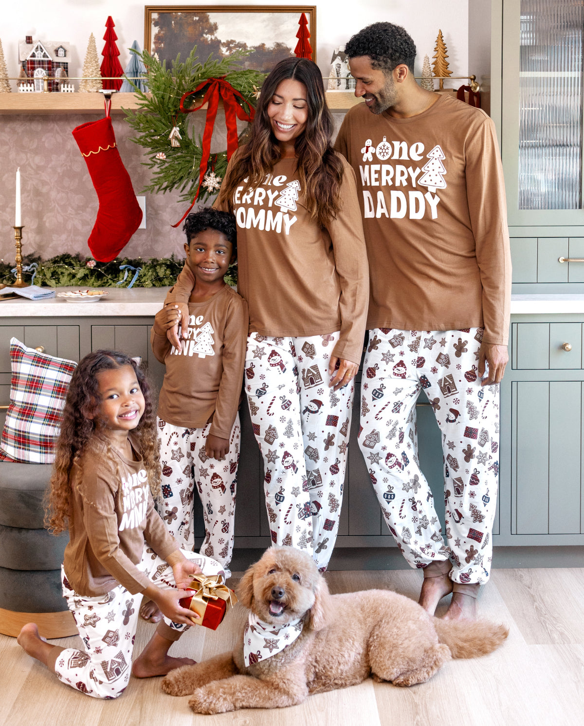 Matching Family Christmas Pajamas Gingerbread & Christmas Tree Print