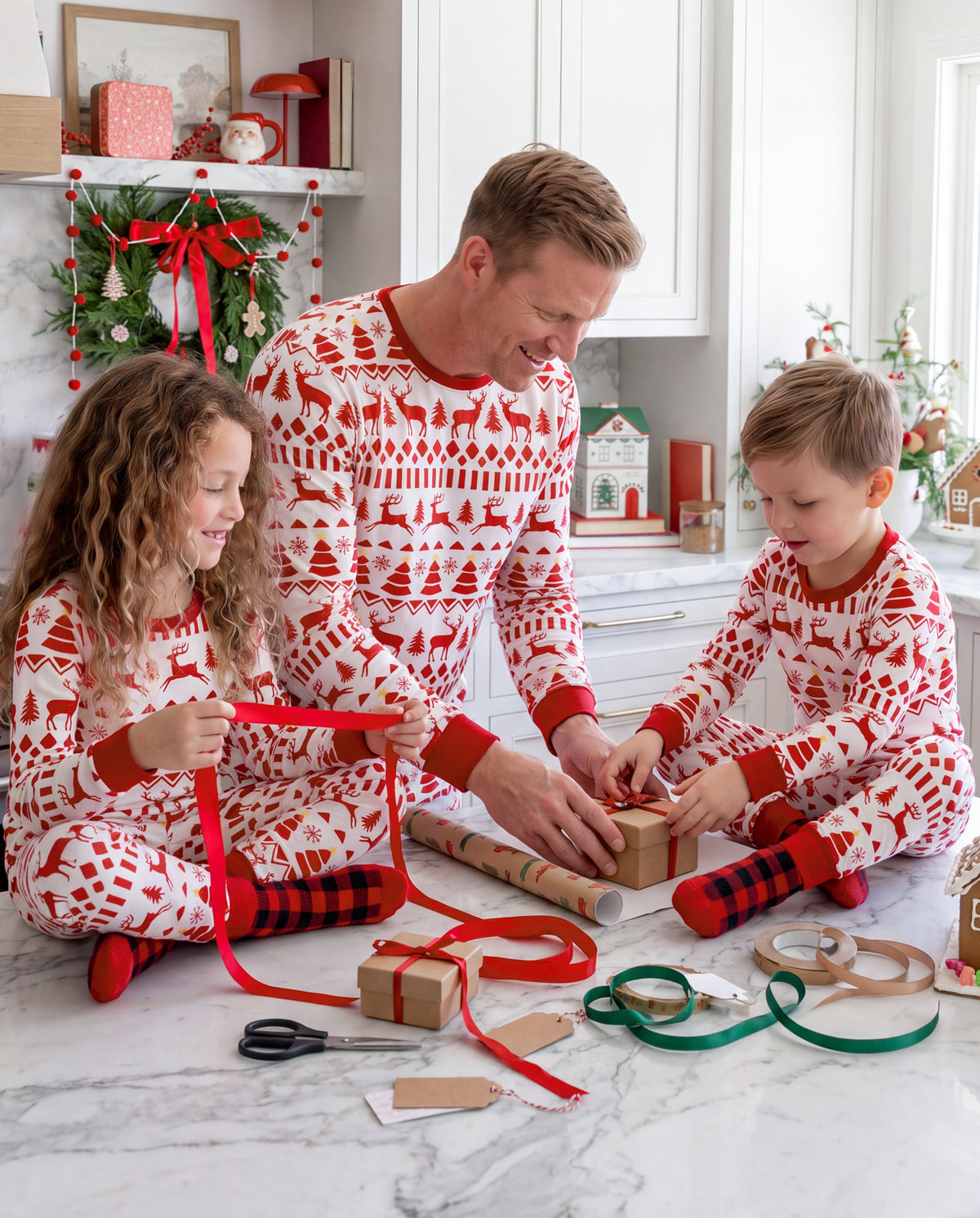 Matching Family Christmas Pajamas Fair Isle & Reindeer Print Red