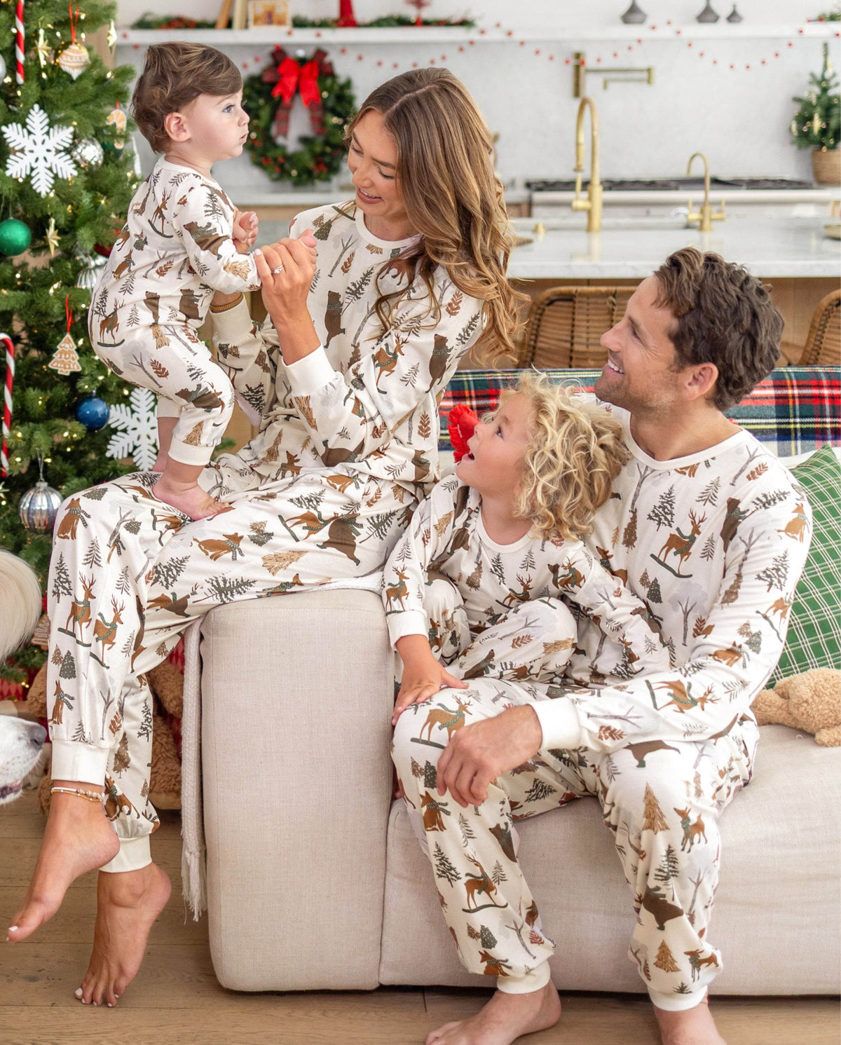 Matching Family Christmas Pajamas Woodland Print Beige