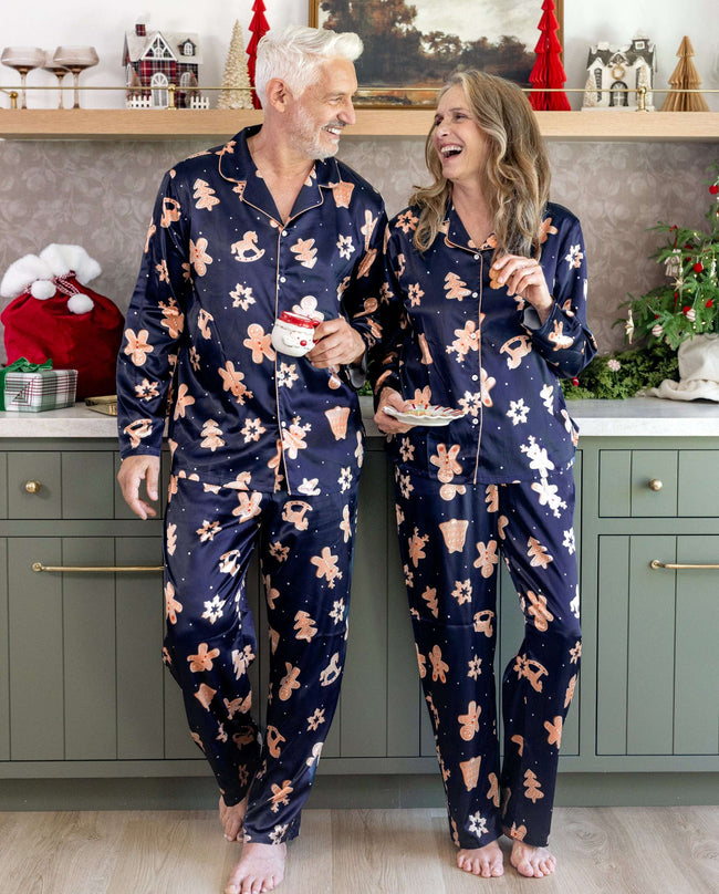 Family Matching Christmas Pajamas Gingerbread Print Satin Navy Main Image