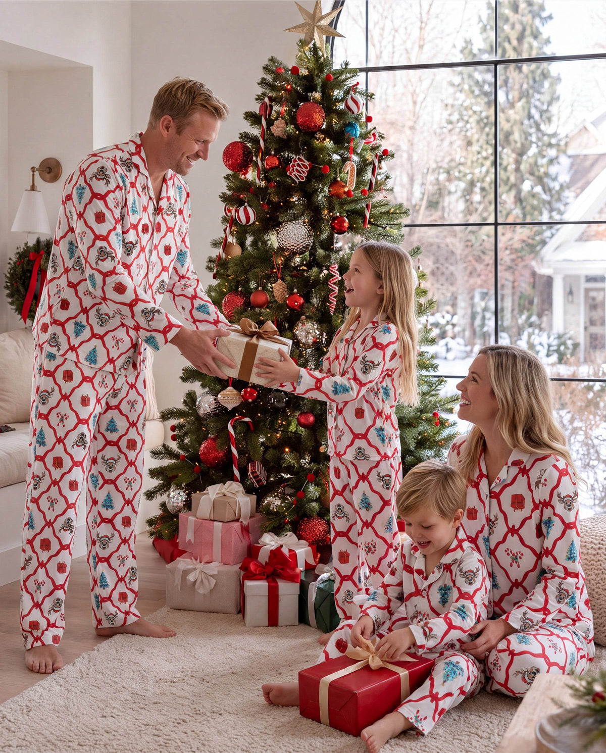 Matching Family Christmas Pajamas Reindeer & Christmas Tree Print Red