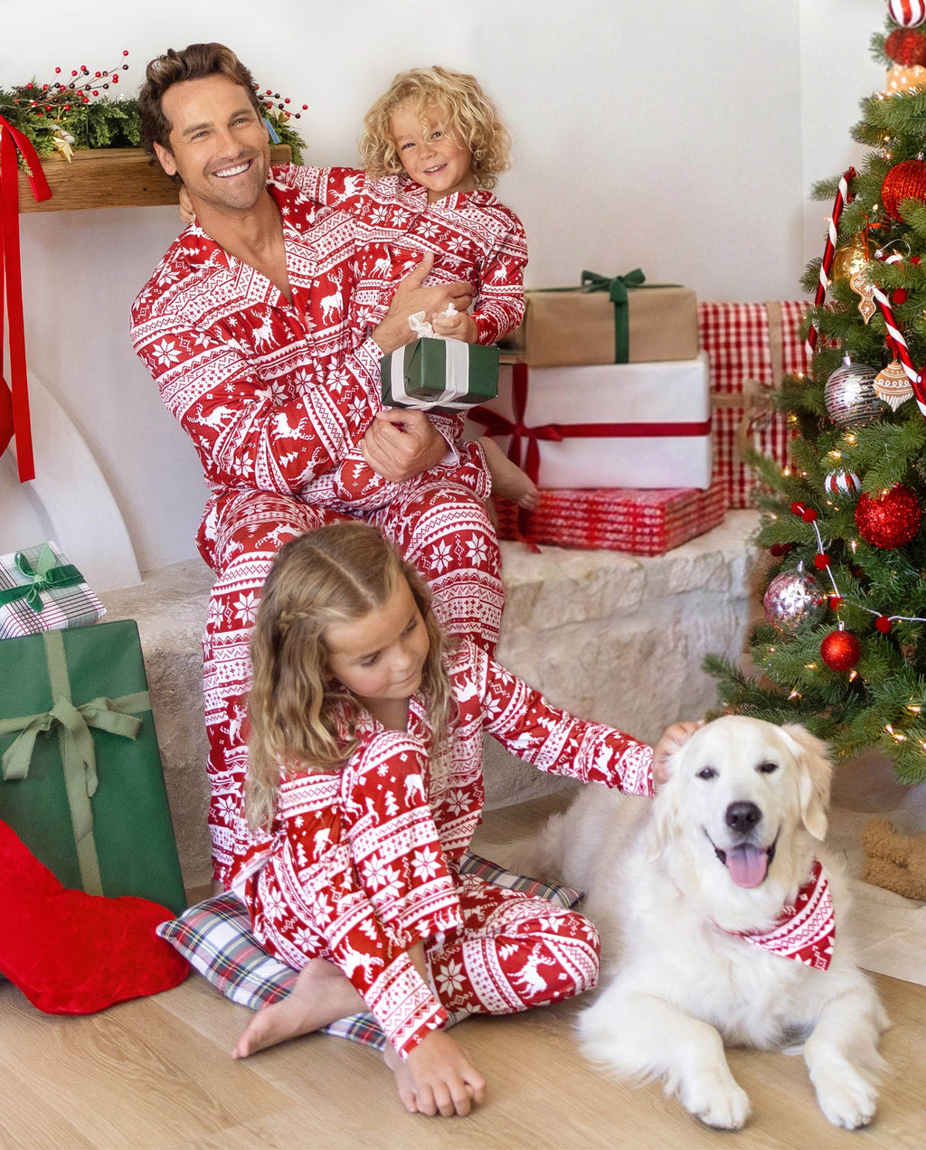 Family Matching Christmas Pajamas Fair Isle Print Collared Red