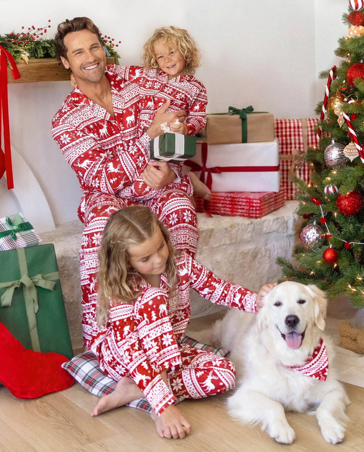 Family Matching Christmas Pajamas Fair Isle Print Collared Red