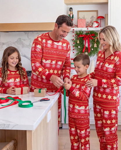Family Matching Christmas Pajamas Fair Isle & Mug Print Red