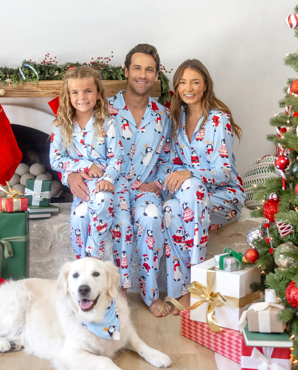 Christmas Matching Family Pajamas Penguin Print Blue