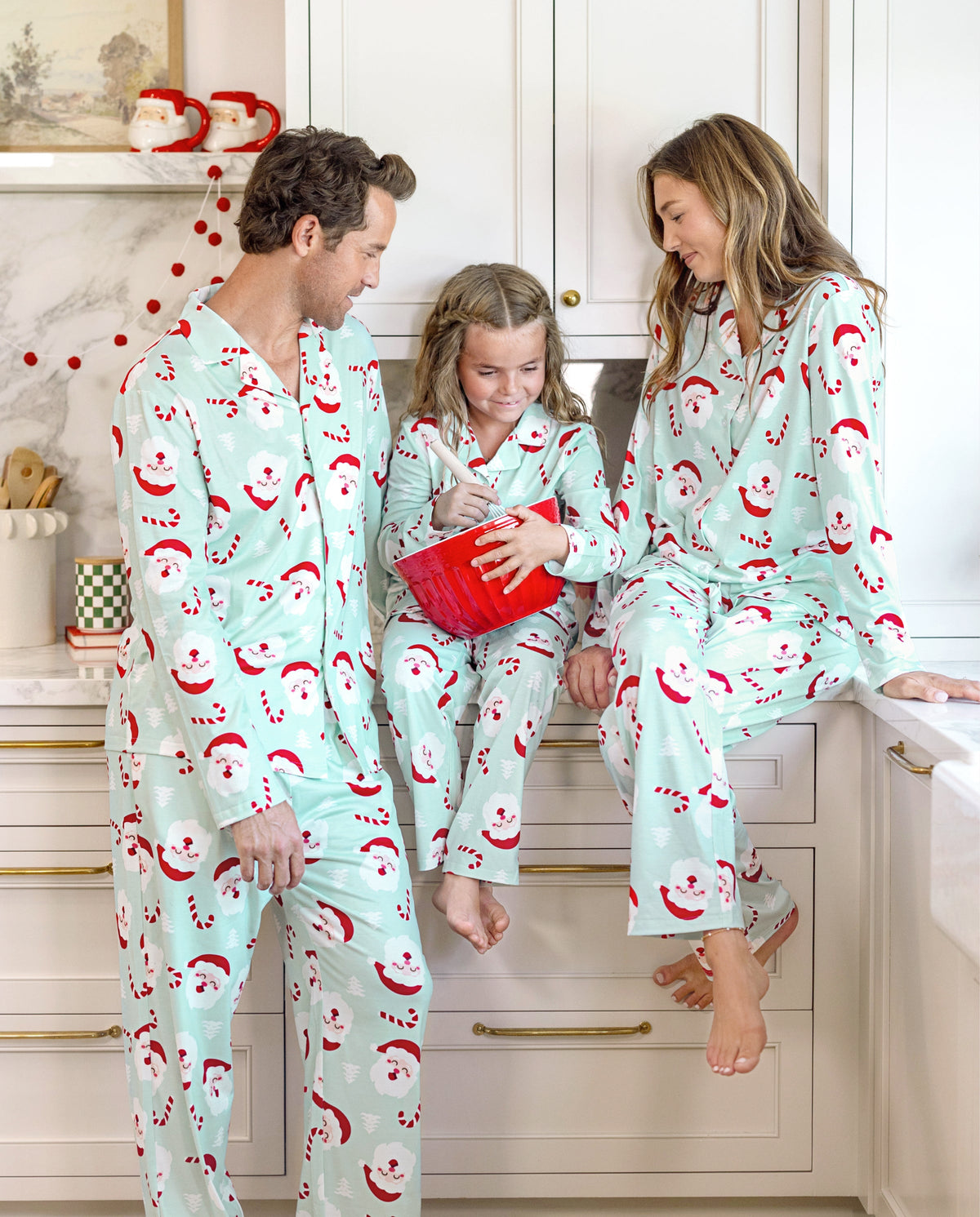 Matching Family Christmas Pajamas Santa Claus Print Collared Green