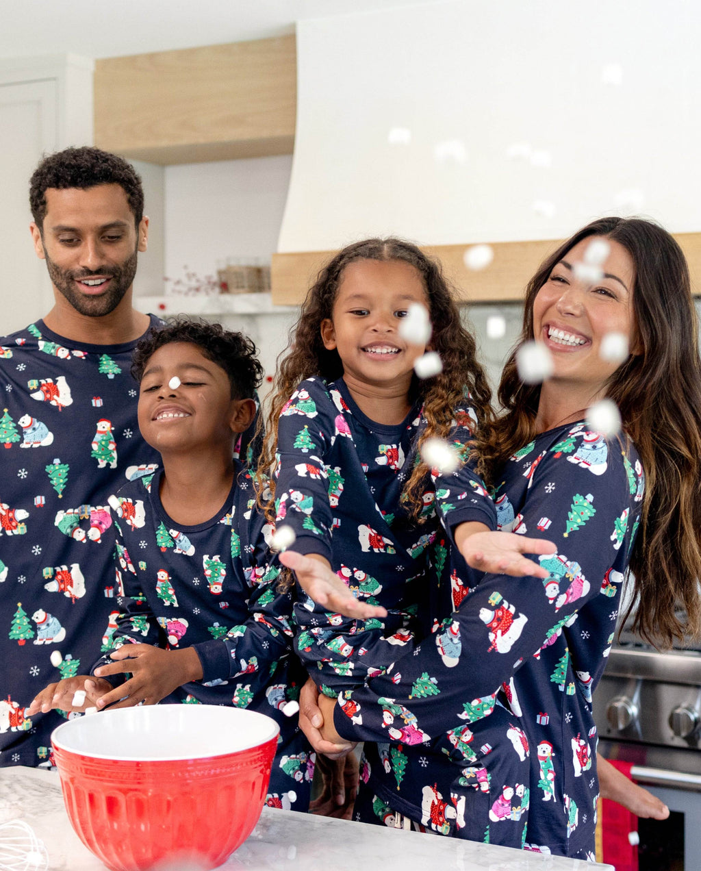 Matching Family Christmas Pajamas Polar Bear & Christmas Tree Print Navy