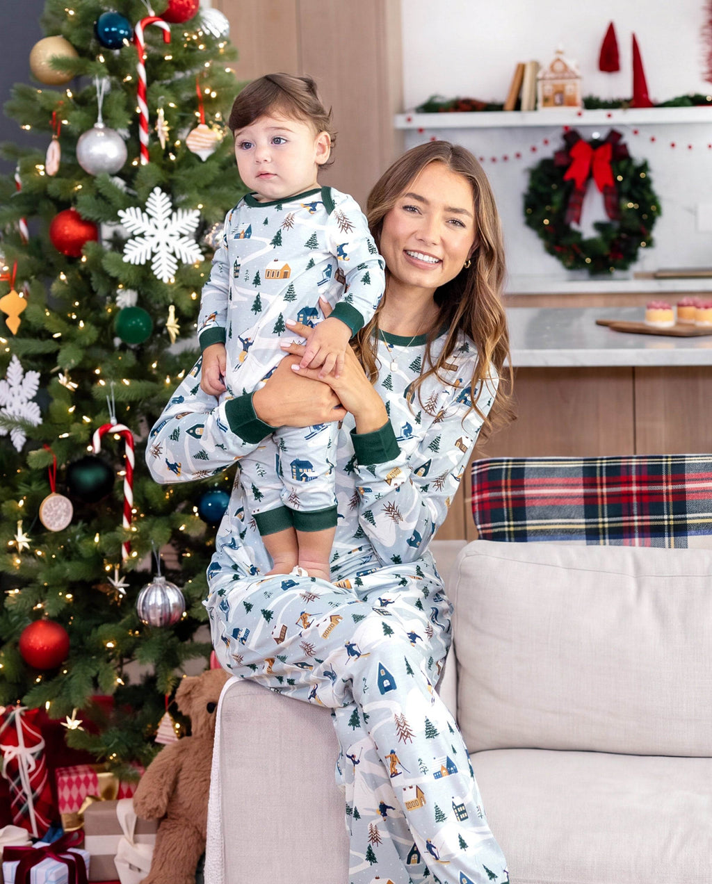 Matching Family Christmas Pajamas Christmas Village Print Green Holiday Pajamas