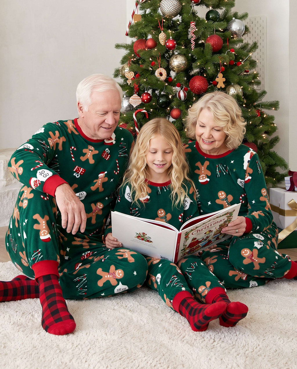 Family Matching Christmas Pajamas Gingerbread Print Fleece Green