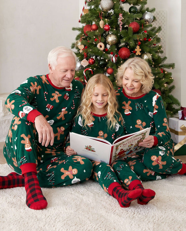 Family Matching Christmas Pajamas Gingerbread Print Fleece Green Main Image