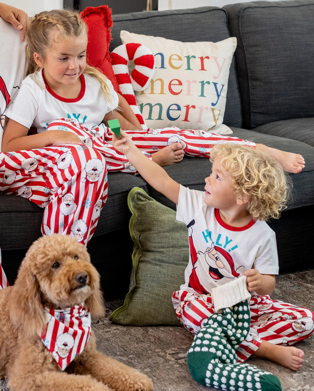 Christmas Matching Family Pajamas Set Santa Claus and Snowflakes Red Stripes PJS Red