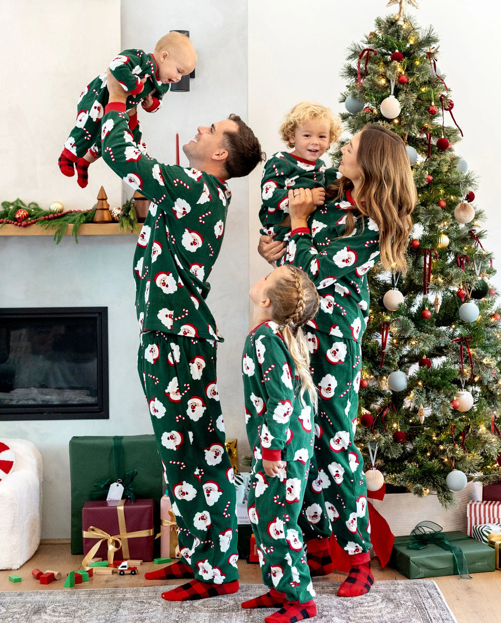 Christmas Matching Family Fleece Pajamas Set Santa Claus and Candy Cane Print PJS with Christmas Socks Dark Green