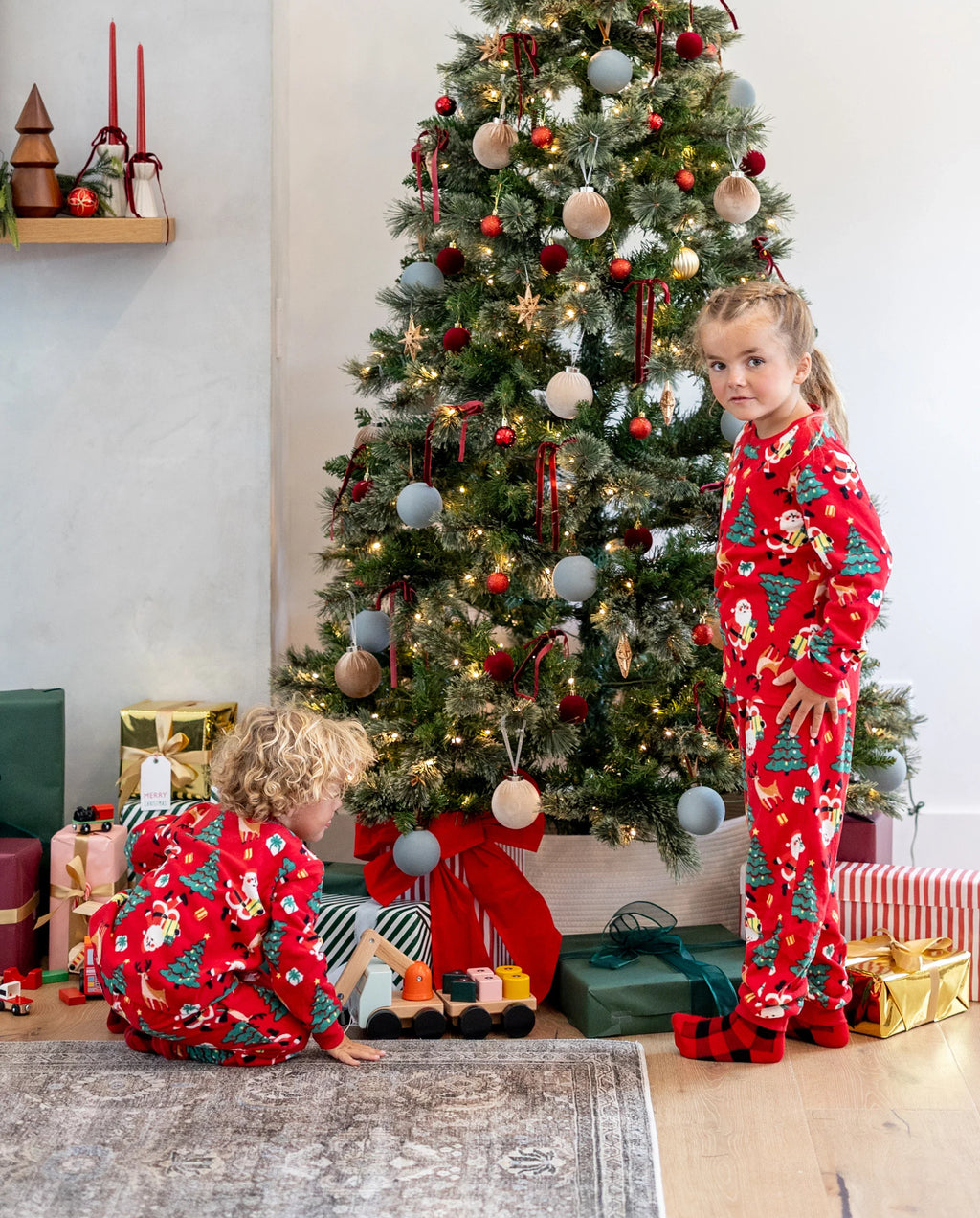 Christmas Matching Family Pajamas Set Santa Claus and Christmas Tree Print Red Fleece PJS with Christmas Socks Red
