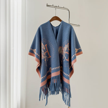 Women’s Thick Oversized Cashmere-Feel Cape Shawl – Double-Sided Jacquard Fringe Wrap