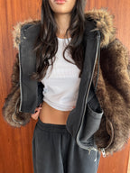 Women’s Relaxed Faux Fur Zip-Up Jacket – Dark Brown