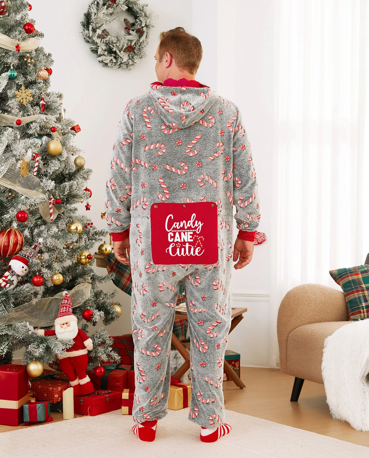 Onesies Pajamas Matching Christmas Outfits Candy Cane Pattern (Glow in the Dark) with Christmas Socks Black