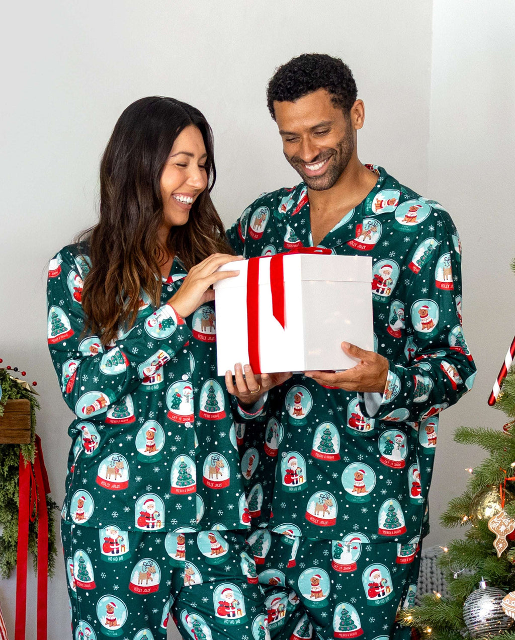 Matching Family Christmas Pajamas Snow Globe Print Dark Green Plus Size
