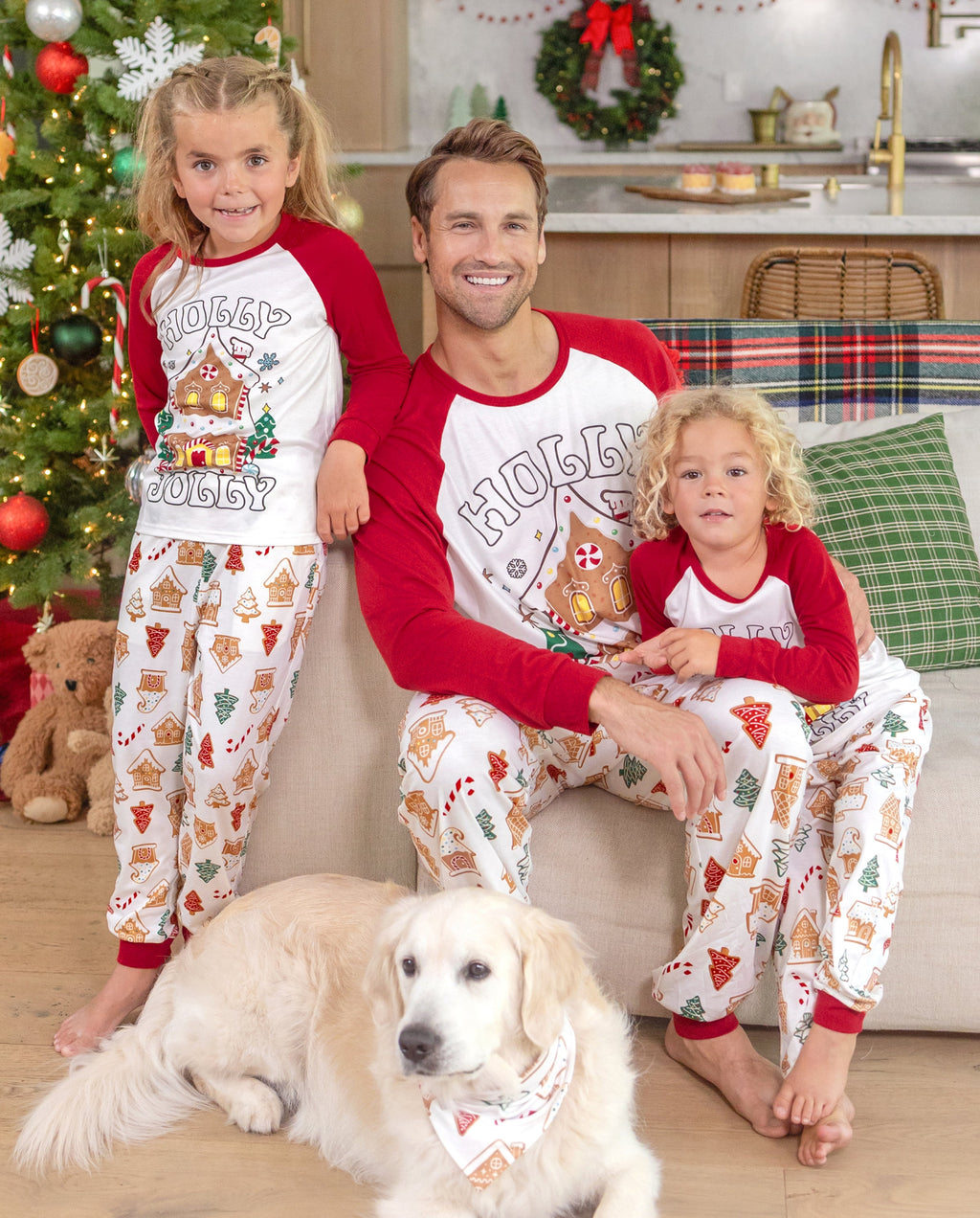Matching Family Christmas Pajamas Gingerbread House & Christmas Tree Print Red