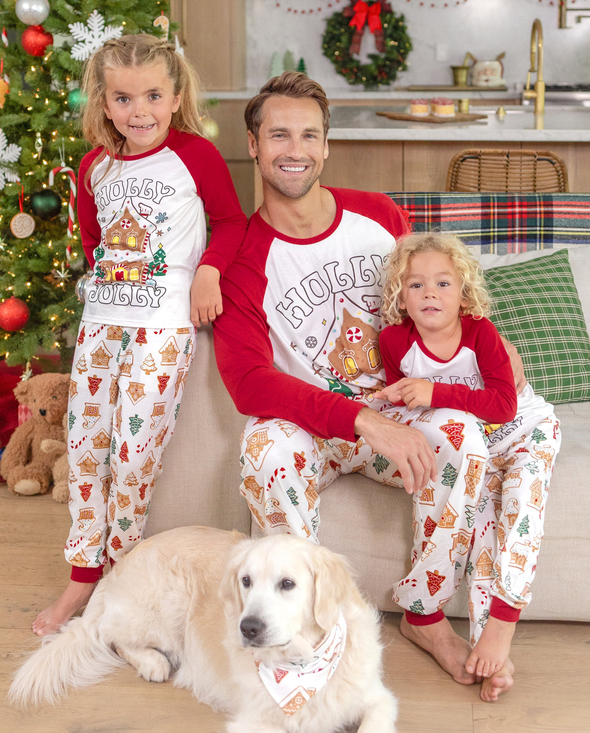 Matching Family Christmas Pajamas Gingerbread House & Christmas Tree Print Red