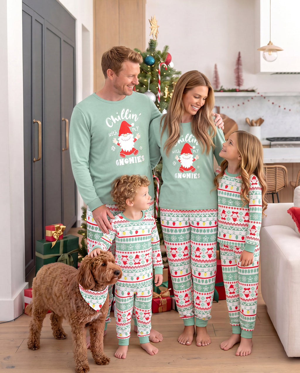 Matching Family Christmas Pajamas Gnome Print Glow in the Dark Light Green