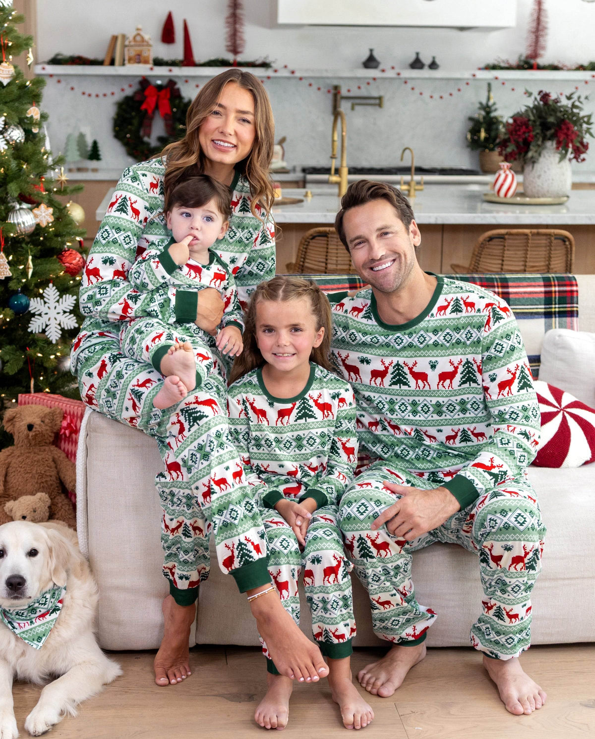 Matching Family Christmas Pajamas Fair Isle & Reindeer Print Green