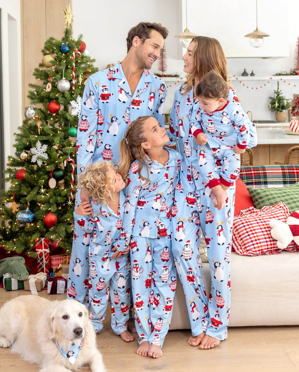 Matching Family Christmas Pajamas Penguin Print Blue
