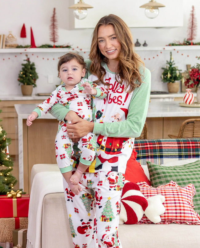 Matching Family Christmas Pajamas Santa & Christmas Tree Print Green Main Image
