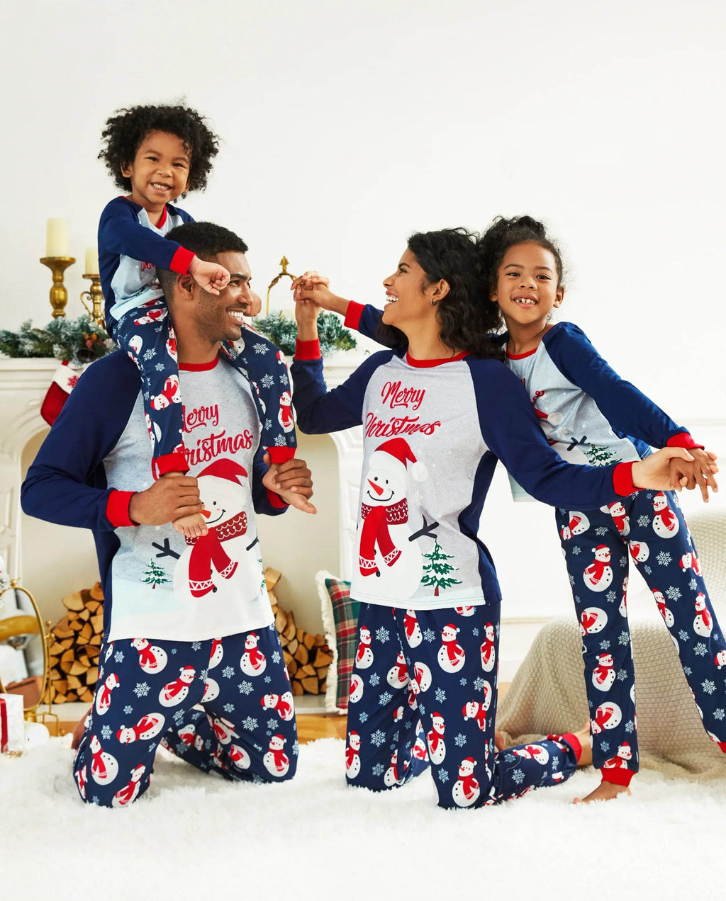 Matching Family Christmas Pajamas Snowman Print Colorblock