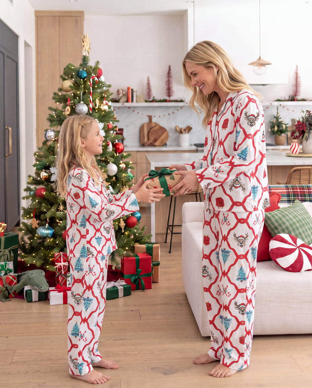 Matching Family Christmas Pajamas Reindeer & Christmas Tree Print Red