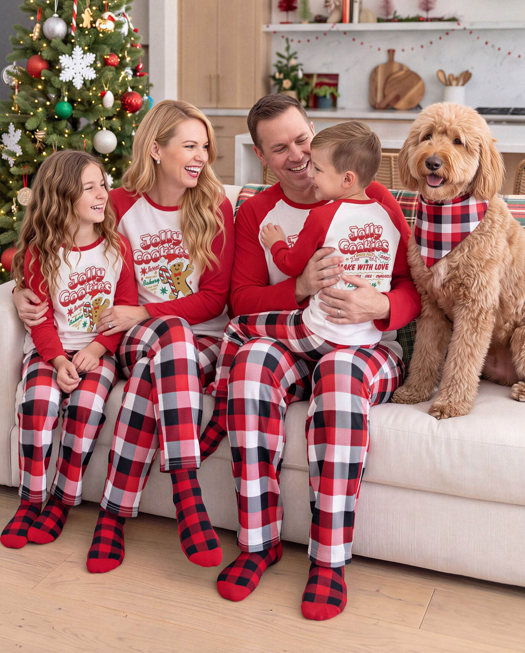 Matching Family Christmas Pajamas Gingerbread & Plaid Print Red