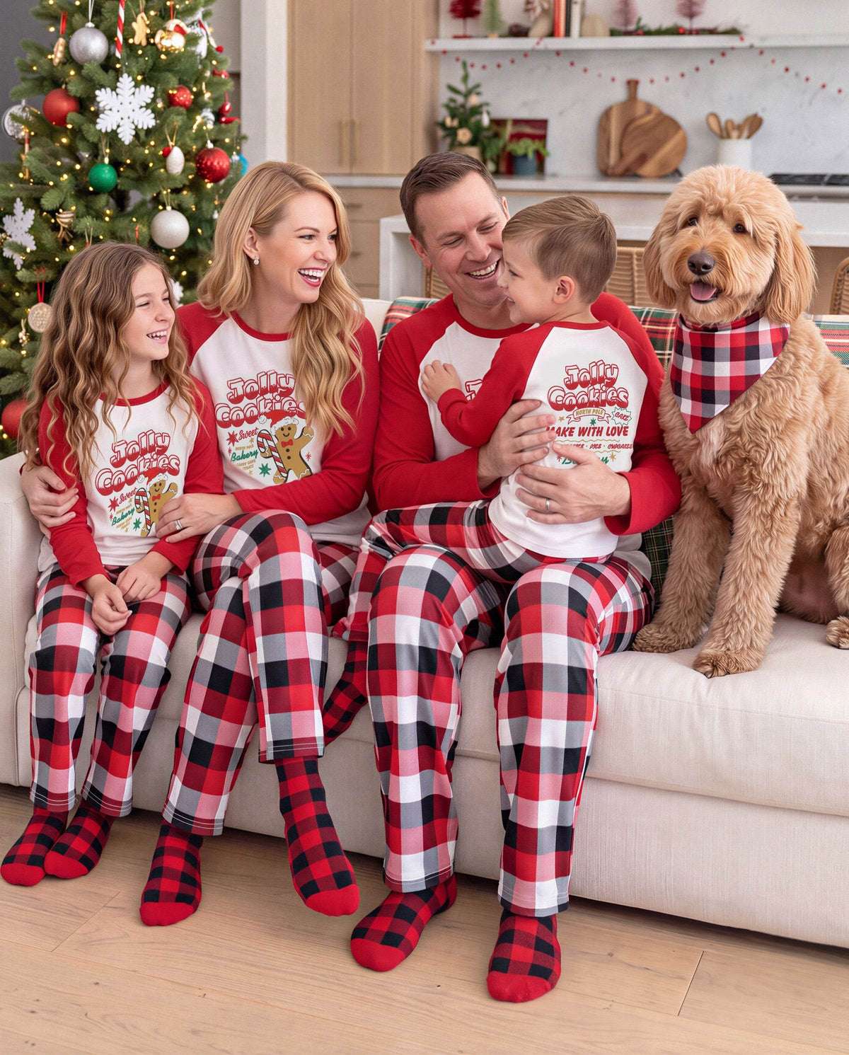 Matching Family Christmas Pajamas Gingerbread & Plaid Print Red