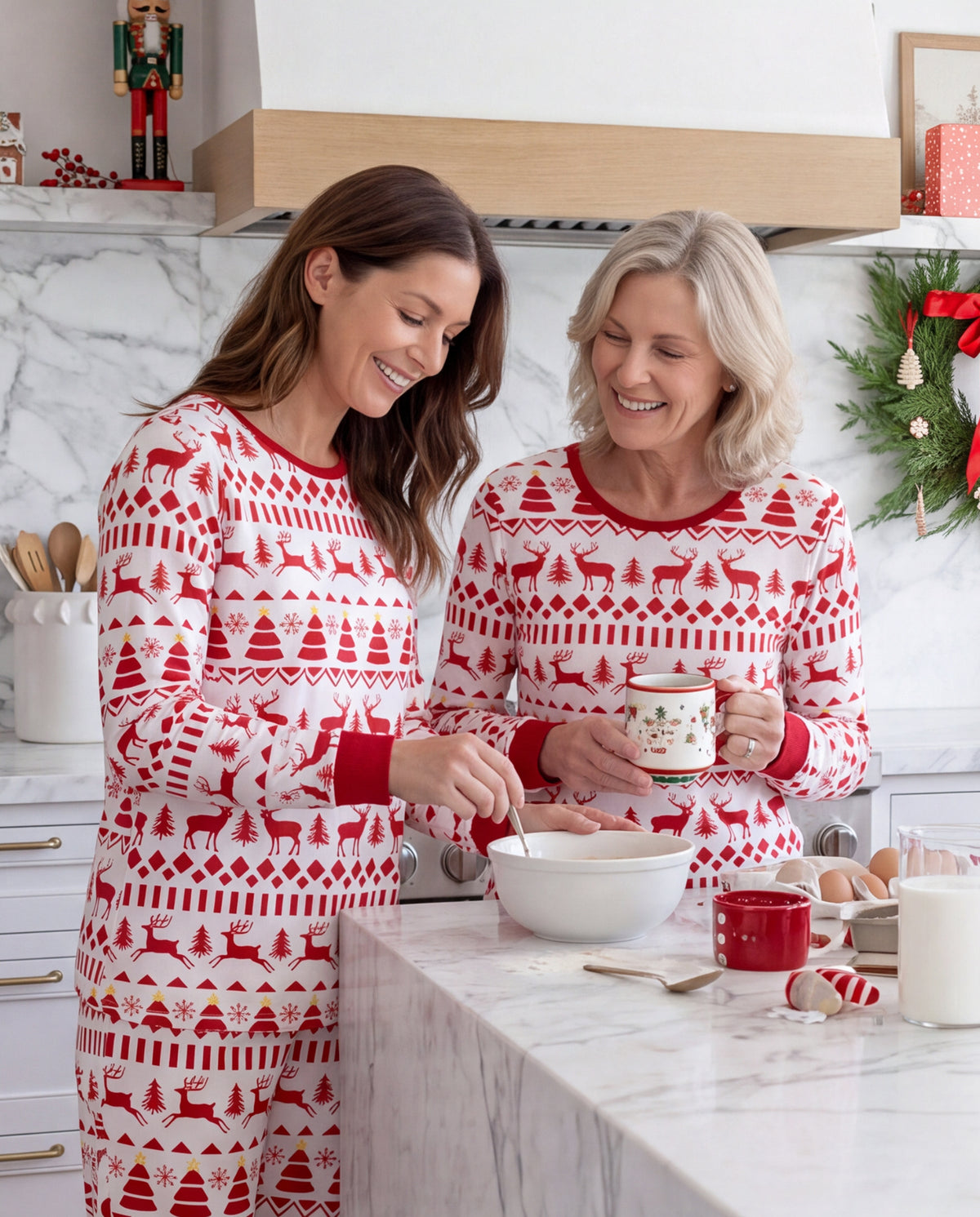 Matching Family Christmas Pajamas Fair Isle & Reindeer Print Red
