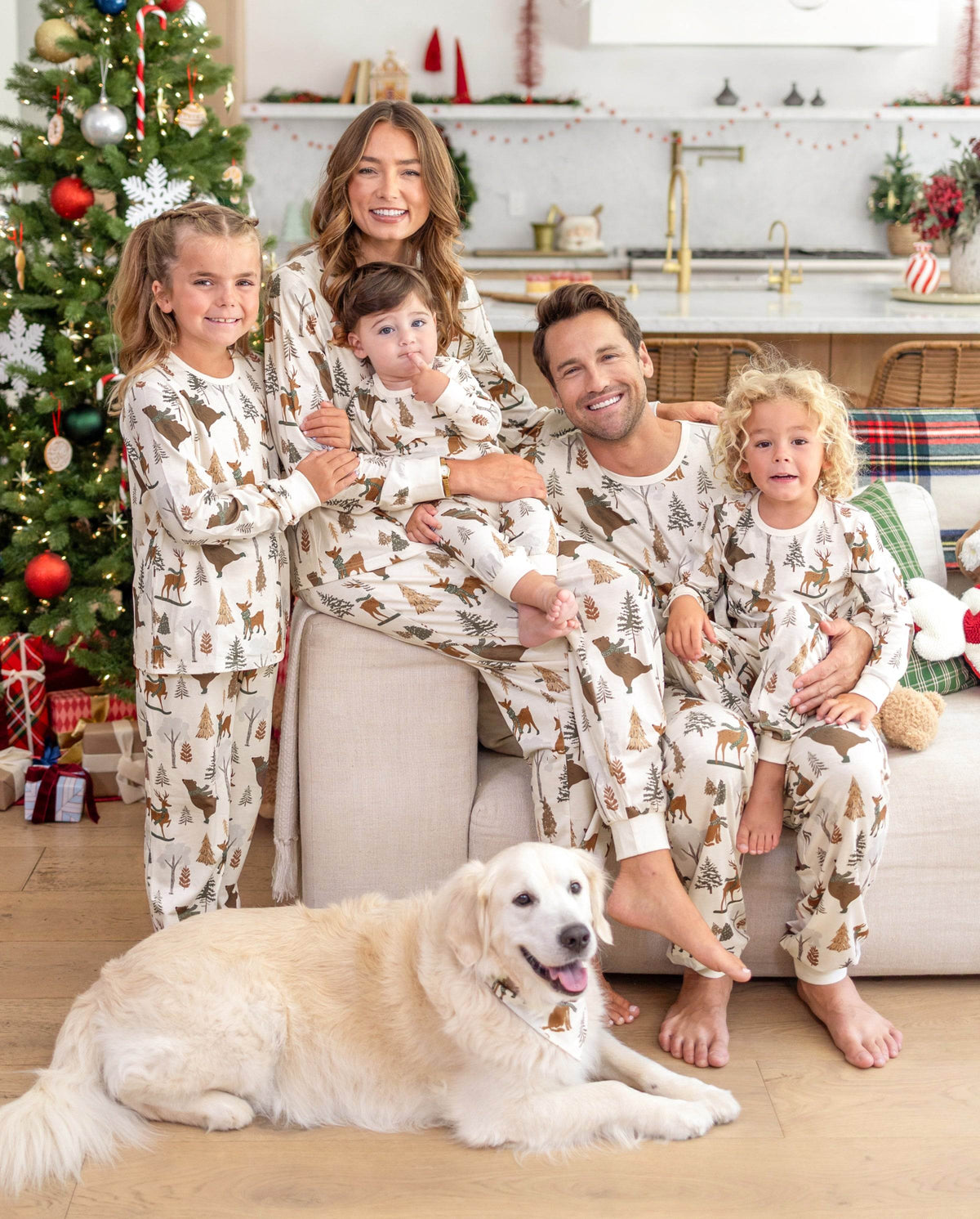 Matching Family Christmas Pajamas Woodland Print Beige