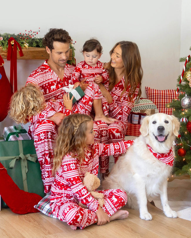 Family Matching Christmas Pajamas Fair Isle Print Collared Red Hover Image